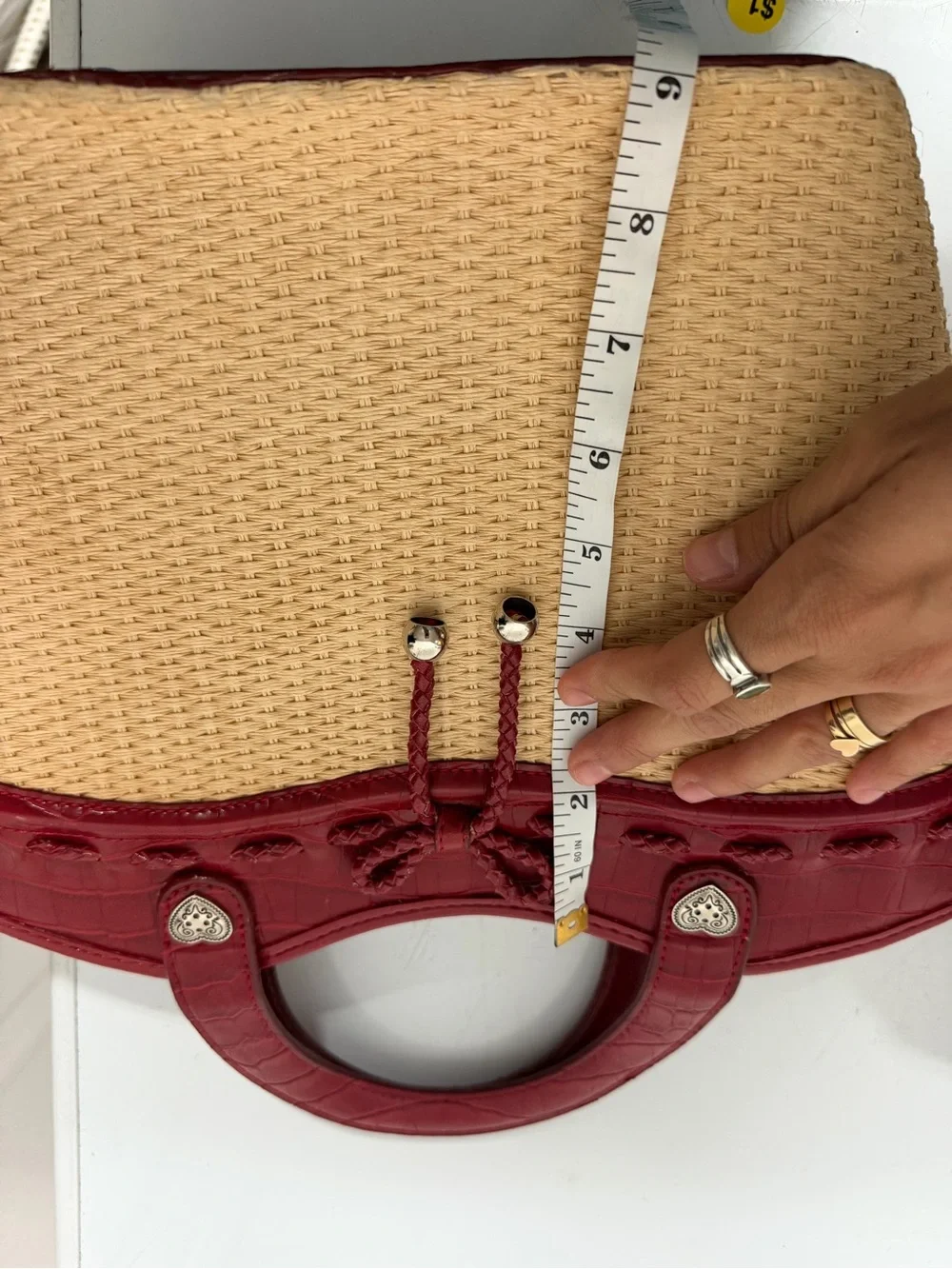 Woven Straw Tote Bag with Red Faux Croc Trim Cottagecore Summer Bag